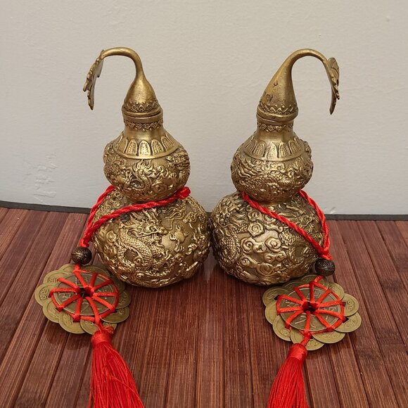 TWO Feng Shui Heavy Brass Hollow Gourds with Coins to Attract Wealth - Picture 2 of 14